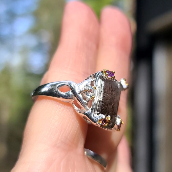 HUGE 9k rutilated quartz Amethyst &Topaz Sterling ring sz9 - Picture 3 of 8